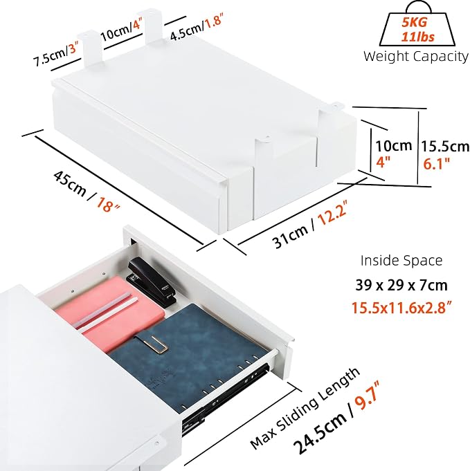 Under Desk Drawer 18”, Under Workbench Tool Storage Hanging Drawers | White Tall, Under Counter Shelf Pencil Drawer, Slide Pull Out Shop Drawer Base, Under Desk Lip with Crossbar Storage Drawer - Image 3