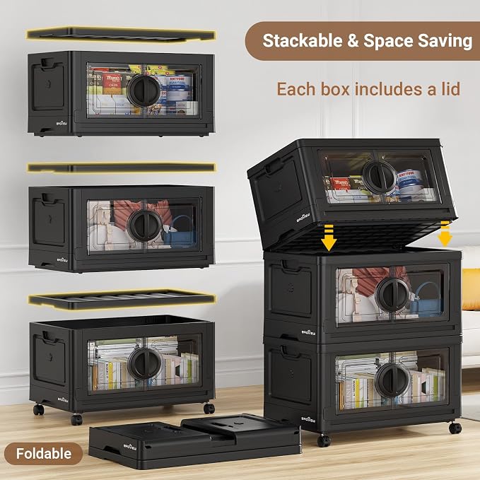 BROVIEW 480Qt Lockable Stackable Storage Bins with Lids, Closet Organizers and Storage Drawer, Collapsible Storage Bin with Wheels, Plastic Cabinet for Toy Clothes Dorm Organizer, V9 4 Pack Black - Image 6
