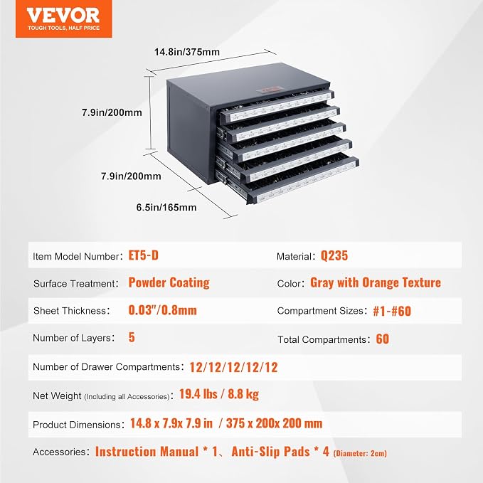 VEVOR Drill Bit Dispenser Cabinet, Five-Drawer Drill Bit Dispenser, 60-Compartment Drill Bit Organizer Cabinet, Drill Dispenser Organizer Cabinet Holder for Jobber Length Wire Gauge Sizes 1 to 60 - Image 3