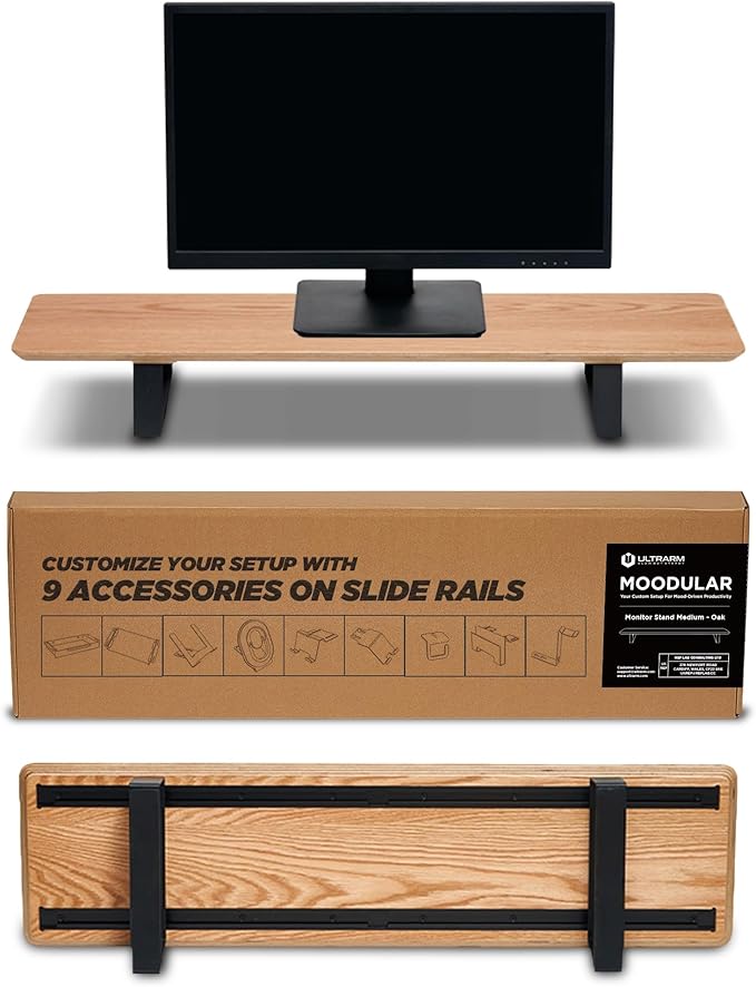 Moodular Wooden Monitor Stand Desk Organizer, Standard 33.4" Oak | Customizable Organized Workspace, Aluminum Slide Rails, 10 Add-Ons Sold Separately: Storage Drawer, Tablet, Phone & More by ULTRARM
