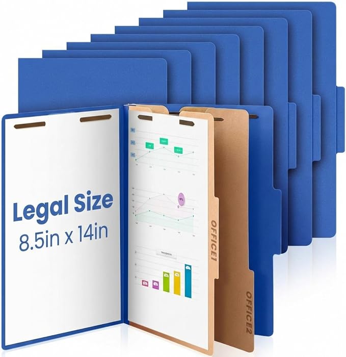 AmazingSpark 12 Pcs Legal Size Classification Folders Bulk 2 Dividers Pressboard File Folder with Expansion 2 Prongs Fastener Heavy Duty Office File Organizer for School Hospitals Home (Dark Blue) by Unknown