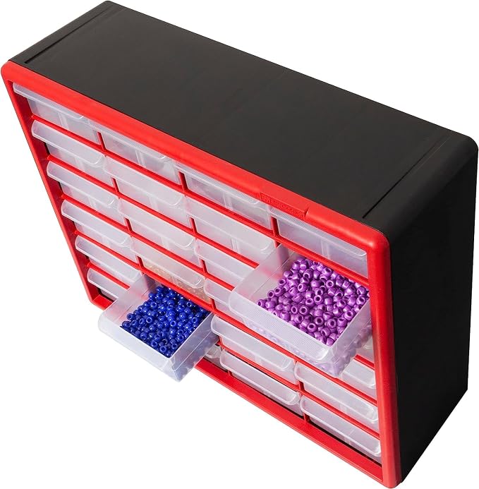 Akro-Mils 24-Drawer Plastic Drawer Storage Cabinet for Garage Organization, Bead Organizer, Building Bricks Storage, Teacher Toolbox, Makeup Organizer, 20-Inch W x 6-Inch D x 16-Inch H, 10124 Red - Image 8