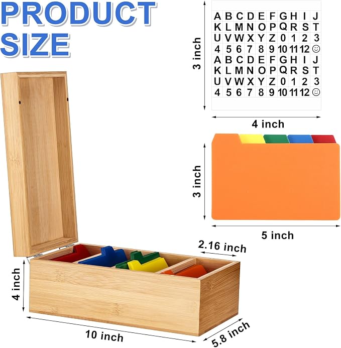 3 x 5 Inch Index Card Holder Set, Bamboo Organizer Box with 50 Dividers & 2 Sheets Alphabet Number Stickers File Note Holders, Holds 1200 Cards for Office Business Home Kitchen, Wooden Color - Image 2