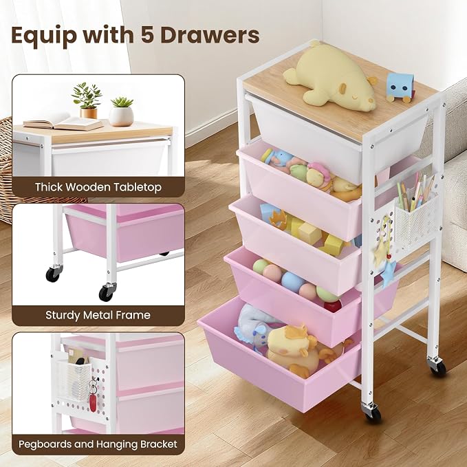 Rolling Cart with 5 Drawers, Plastic Drawer Storage Carts with Wheels & Wooden Tabletop, Metal Utility Cart with Pegboards, Office Living Room Classroom Craft Organization and Storage, Bright Pink - Image 5