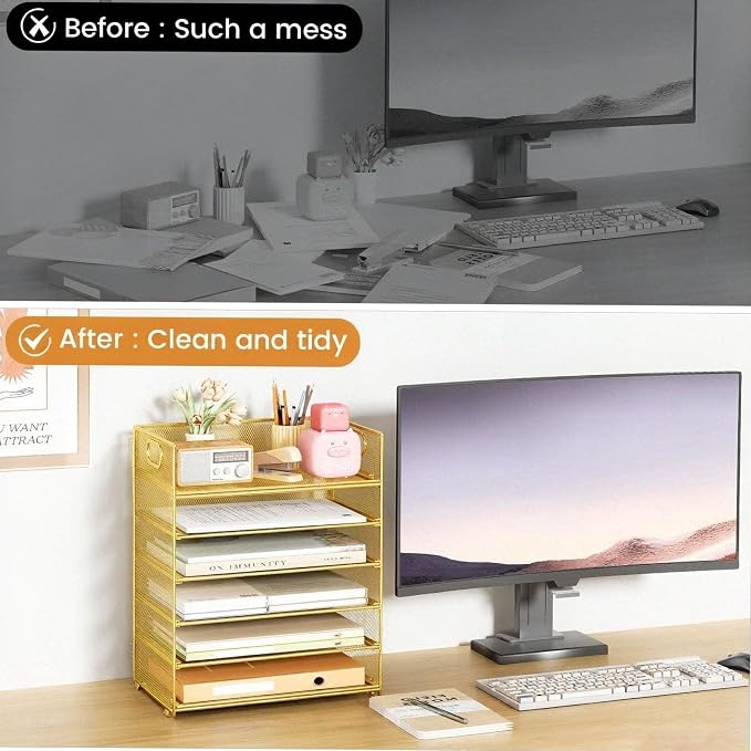 6 Trays Paper Organizer with Handle - Mesh Desk File/Letter Paper Sorter Organizer for Office, Home or School (Gold) - Image 3