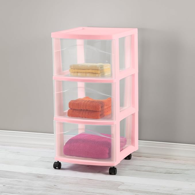 Sterilite 4 Pack 3 Drawer Storage Cart, Plastic Rolling Organization, Pink | Clear Plastic Organizer Drawers with Wheels for Craft Supplies, Bath Essentials, or Home Accessories - Image 2