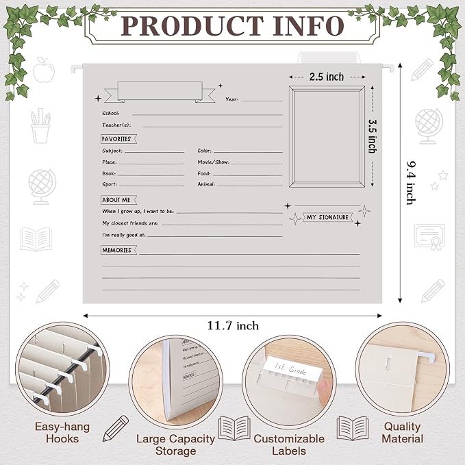 Glenmal 25 Pack School Years Memory File Folders Memory Pages Letter Hanging Files School Keepsake Organizer Questionnaire for Kids K-12 Student Info Record Personal Growth Tracking(Grey) - Image 3