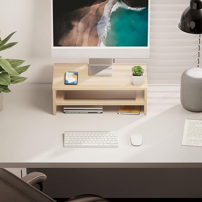 FITUEYES Wooden Monitor Stand Riser, 2-Tier Desk Storage Shelf, Oak | 16.7-Inch Desktop Organizer Fits Laptop, Computer Screen and Office Supplies - Image 7