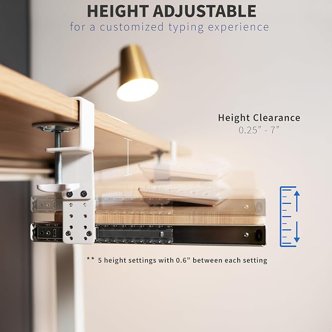VIVO Large Height Adjustable Under Desk Keyboard Tray, C-clamp Mount System, 27 (33 Including Clamps) x 11 inch Slide-Out Platform for Typing, Light Wood, MOUNT-KB05HA - Image 8