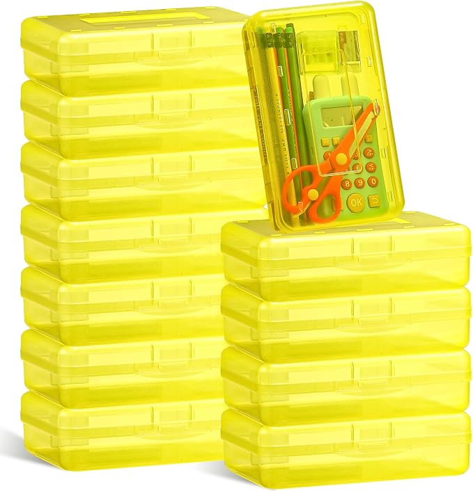 Leelosp 12 Pack Clear Pencil Boxes for School Bulk, Large Plastic Pencil Case with Lid, Stackable Hard Crayon Storage Box for Classroom Kids, Desk Drawer Organizer for Office Home(Yellow) by Leelosp