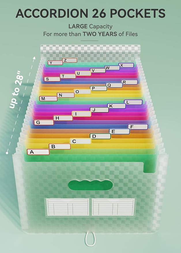 ABC life 26 Pockets Accordion File Organizer, Expanding File Folder, Green | Monthly Bill & Receipt Holder with Colored A-Z Tabs, Portable Folder Organizer for Home Office School, Fits Letter/A4 Size - Image 2
