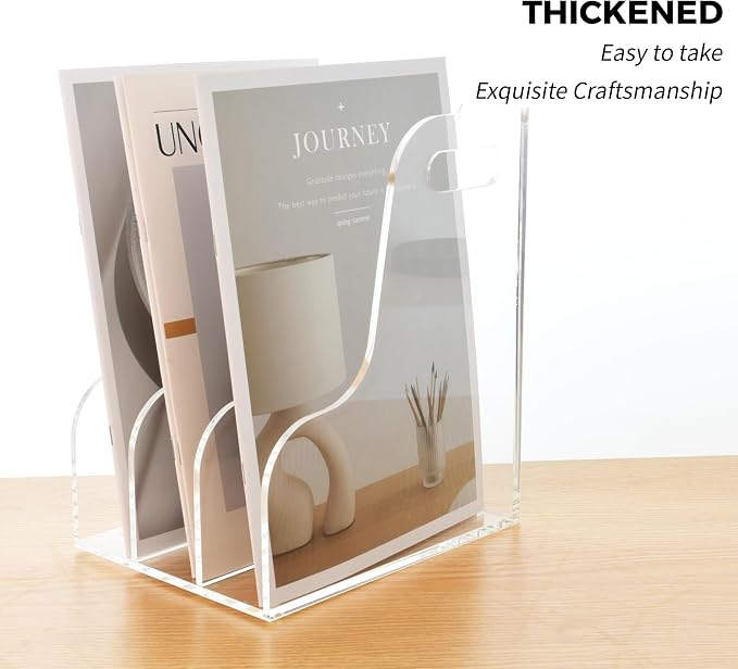 3 Vertical Compartments File Holder, Clear Acrylic Desk Organizer and Storage Bins Holding for Magazines, Binders, Notebooks, Envelopes, Multi-purpose Document Organizer for Home Office - Image 3