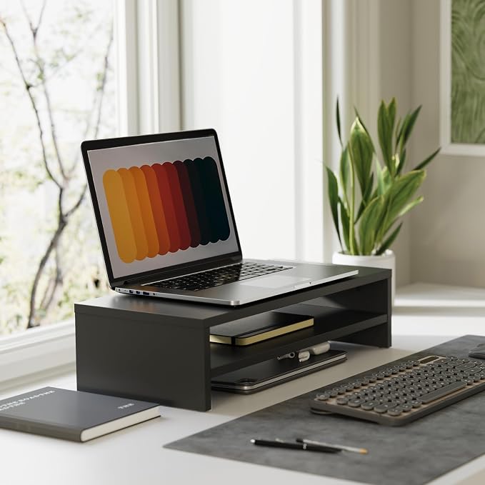 FITUEYES Wooden Monitor Stand Riser, 2-Tier Desk Storage Shelf, Black | 21.3-Inch Desktop Organizer Fits Laptop, Computer Screen and Office Supplies - Image 6