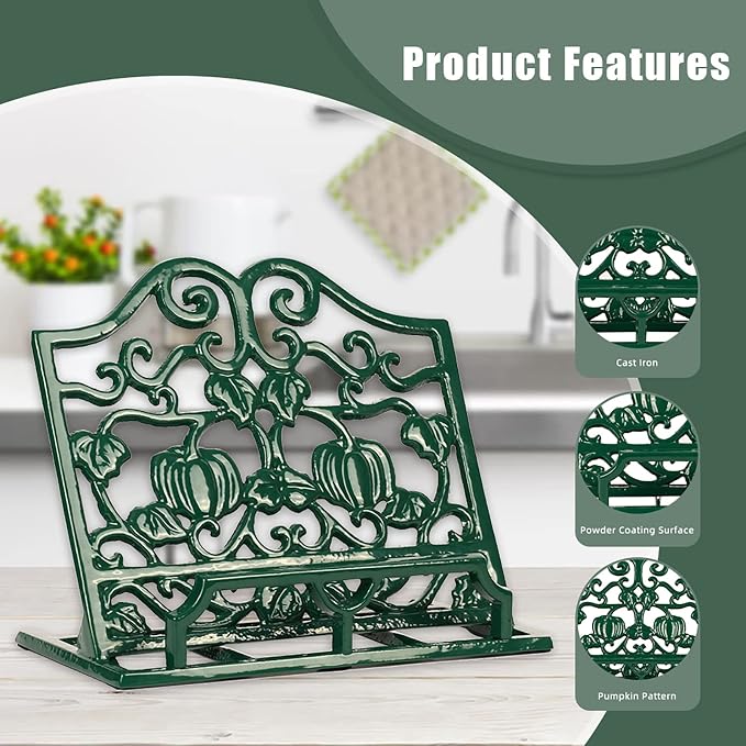 Vintage Cookbook Stand, Durable Wrought Cast Iron Recipe Book Holder for Kitchen Counter, Large Metal Cook Book Stand with Pumpkin Design, Green - Image 2