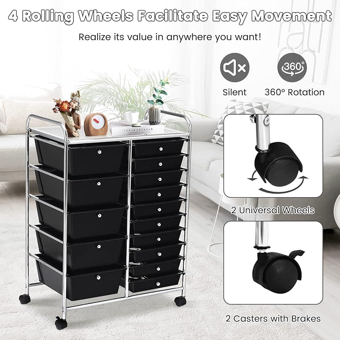 COSTWAY 15 Drawer Rolling Storage Cart, Mobile Storage Organizer | Removable Drawers & Metal Frame, Multipurpose Utility Tools Paper Organizer on Wheels for Home, Office (Black) - Image 6