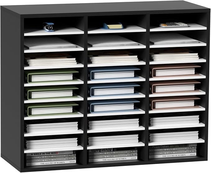 VEVOR 27 Compartments Wood Literature Organizer, Adjustable Shelves, Medium Density Fiberboard Mail Center, Office Home School Storage for Files, Documents, Papers, Magazines, Black+White by VEVOR
