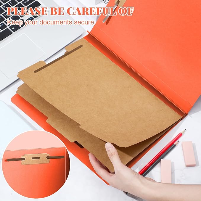 Skyygemm 12 Pcs Classification Folders Letter Size Bulk - 2 Dividers Pressboard File Folder with 3. 5 Inch Expansion, 2 Prongs Fastener, Heavy Duty Office File Organizer for Teacher Medical (Orange) - Image 4