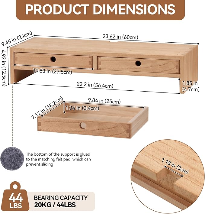 KIRIGEN Solid Wood Monitor Stand with 2 Drawers, Desk Riser, Natural PMJ-NA | Desktop Organizer with Cable Opening and Pen Slots Stores Office Supplies, Supports Up To 50 Lb and Arrives Fully Assembled. - Image 6