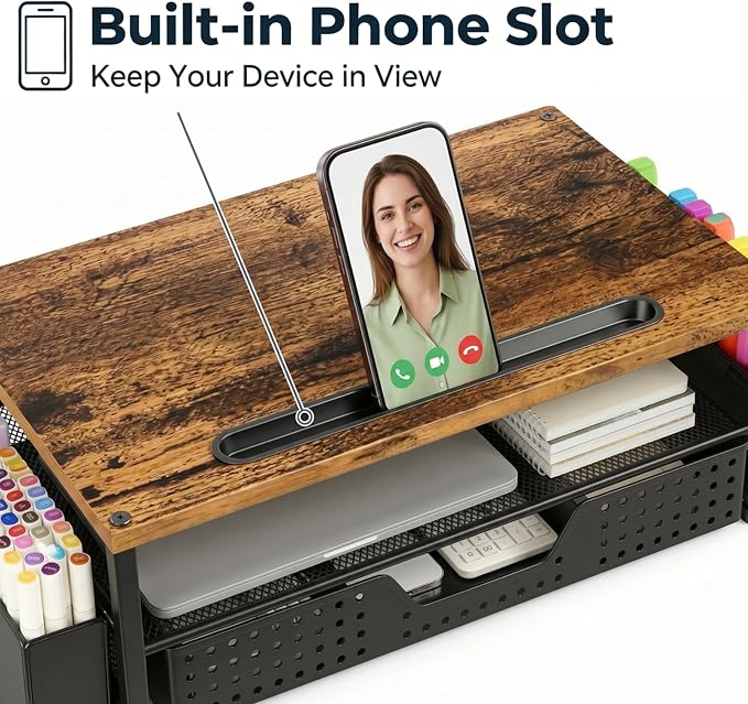 Desk Organizer and Accessories, 2-Tier Computer Monitor Stand Rise with Phone Holder, Drawer & 2 Pen Holders, Laptop & Printer Stand for Desktop, Workspace Organizers for Office Supplies (Brown Wood) - Image 4