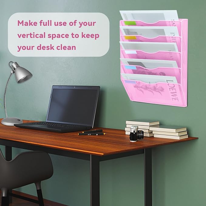 5 Pockets Mesh Wall File Holder Organizer Office Hanging File Folder Magazine Rack, Nametag Label Hooks Set Included (Pink) - Image 6
