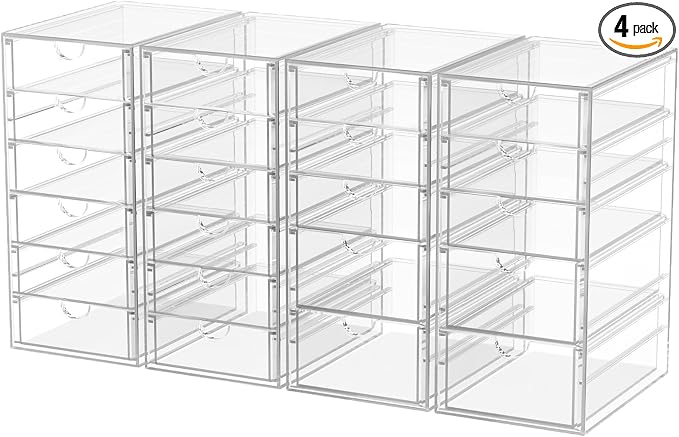 4-Pack 22-Drawer Acrylic Storage & Makeup Organizer for Desk | Smooth-glide drawers, clear acrylic, stackable, dustproof, wipe clean, for office supplies, pens, paper clips, thumb drives by shoeboxesanddeskorganizers