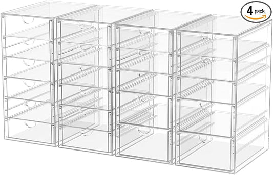 4-Pack 22-Drawer Acrylic Storage & Makeup Organizer for Desk | Smooth-glide drawers, clear acrylic, stackable, dustproof, wipe clean, for office supplies, pens, paper clips, thumb drives by shoeboxesanddeskorganizers