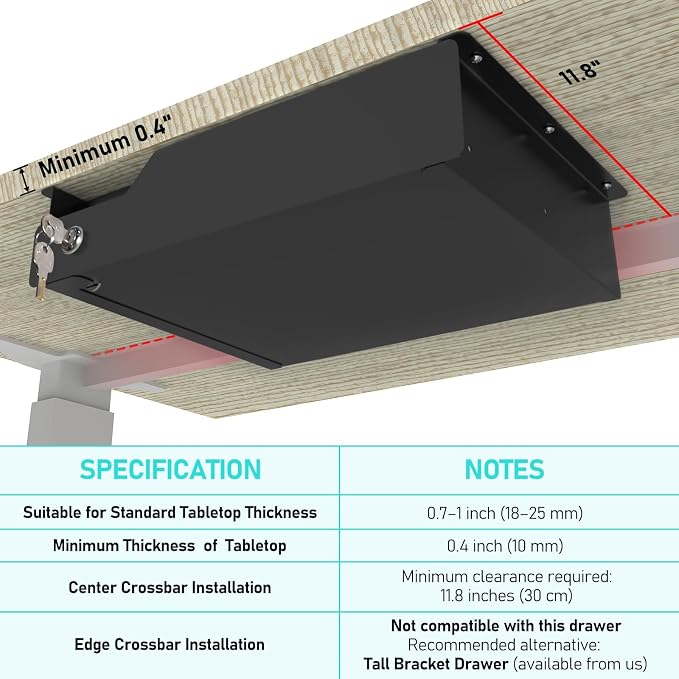 Under Desk Drawer Storage with Lock, Metal Undermount Table Drawer, Ball Bearing Slides Out Tray Organizer for Paper, Pencil, and Laptop 16"x11.8"x3.6", Black - Image 3