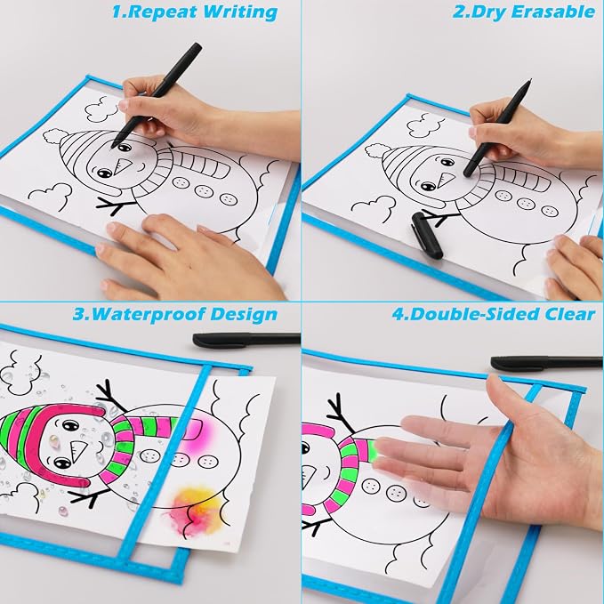 Oleitodh 100 Packs Oversized Reusable Dry Erase Pocket Sleeves with 6 Rings, 20 Assorted Colors 10x14 Ticket Holders, Clear Plastic Sheet Protectors, Teacher School Classroom Supplies - Image 3