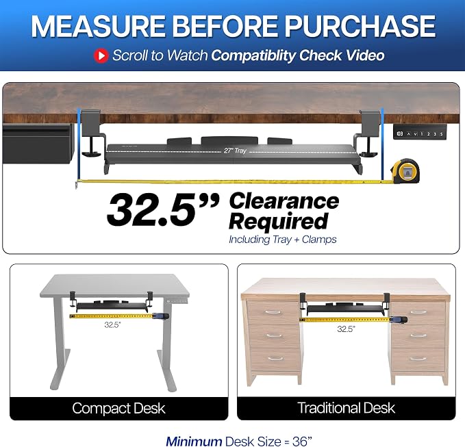 VIVO Large Keyboard Tray Under Desk Pull Out with Extra Sturdy C Clamp Mount System, 27 (33 Including Clamps) x 11 Inch Slide-Out Platform Computer Drawer for Typing, Black, MOUNT-KB05E | Keyboard Tray for Typing, Slide Out Platform, Extra Sturdy C-Cla... - Image 5