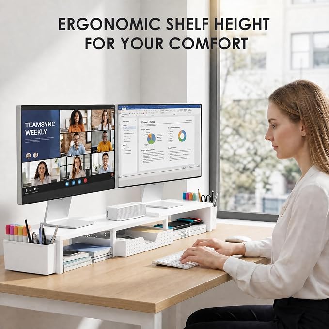 Desk Organizers and Accessories, Dual Monitor Stand Riser with Drawer and 2 Pen Holders, Desk Shelf Computer Racks for Office Workspace Organizers, Desktop Organization (White) - Image 2