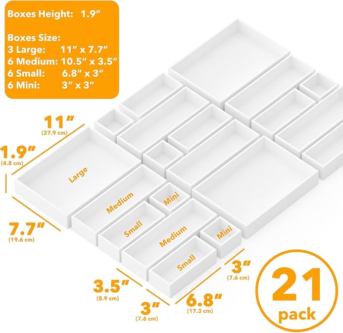 SpaceAid 21-Piece Bamboo Drawer Organizer Storage Boxes Set, Wood Tray Junk Drawer Organizers Multi-Use Divider Bins for Kitchen, Bathroom, Office Desk and Makeup Organization (21 Pack, White) - Image 3
