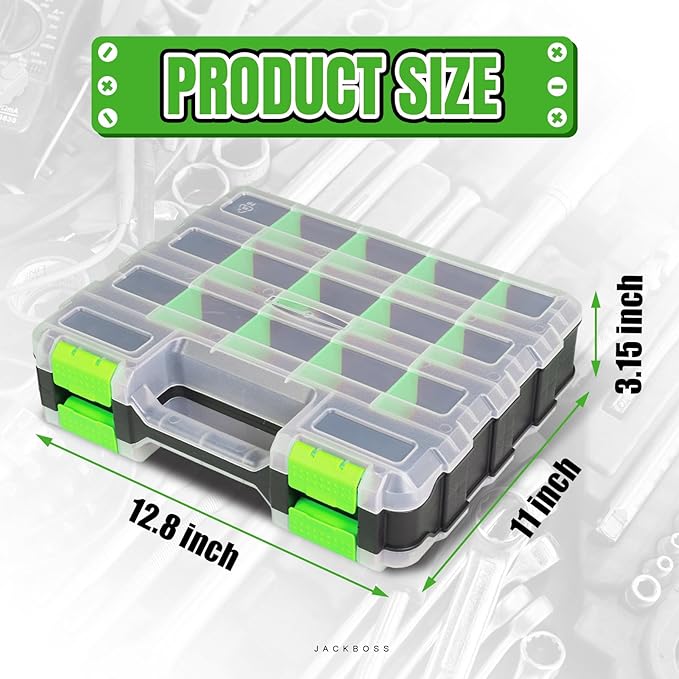 Jack Boss Tool Box with Transparent Lid, Double Side 34-Compartments Organizer Box with Removable Dividers for Hardware, Screws, Bolts, Nails, Beads, Jewelry and Fishing Accessories, Green, 1 Pack - Image 2