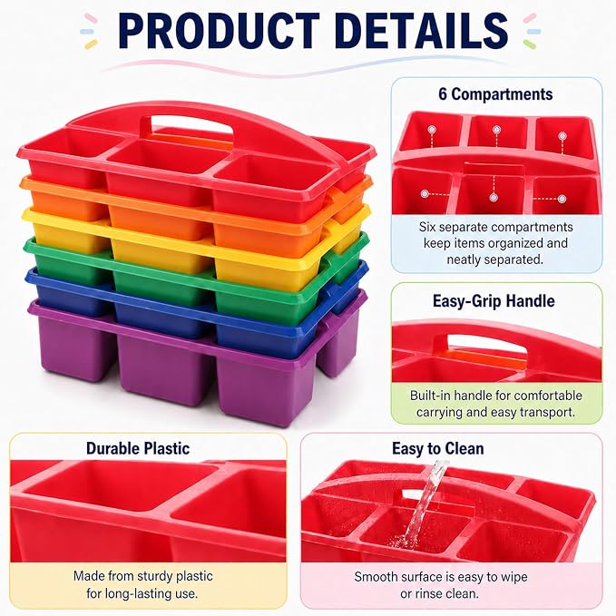 gisgfim 6 Pack Plastic Classroom Caddy with 6-Compartments Plastic Storage Caddies with Handle 6 Compartments Table Caddy Organizer Versatile Table Caddies for Classroom Office Storage, Rainbow Color - Image 3