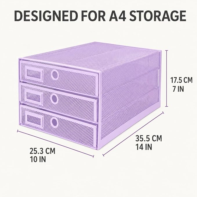 EXERZ Paper Sorter 3 Tier Drawers A4 / Multifunctional Desk Organiser/Letter Tray - Documents, Magazines, Notebooks and Letters - Light Purple | Desk Organiser Pull Out Trays Keep Files Letters Magazines Folders Notebooks Neatly Separated Easy To Reach - Image 2