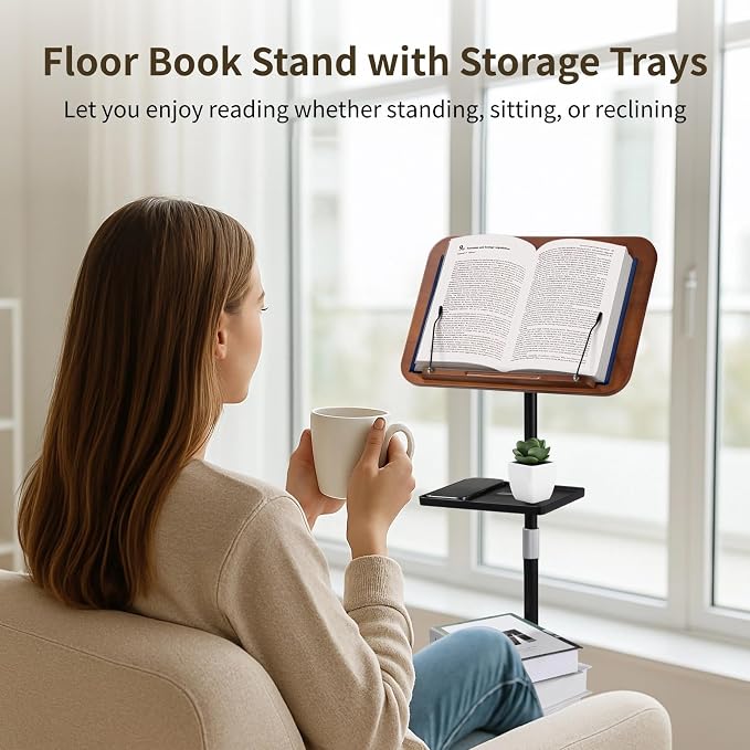 Floor Book Stand with 2 Removable Trays, Adjustable Height Wood Reading Stand for Bed or Sofa, Music Stand Book Holder for Music Sheet, Tilt and Rotate Laptop Holder, Portable Podium Stand - Image 2