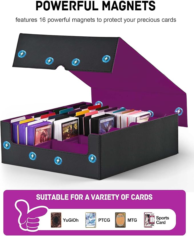 ZLCA Card Storage Box for MTG PTCG, Commander Deck Box Holds 3200+ Cards, Trading Card Storage Case with 4 Stoppers, Card Organizer for TCG Sport Cards(Black&Purple) - Image 4