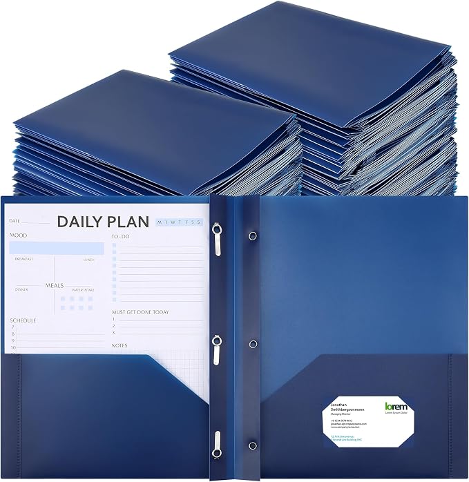 Cholemy 72 Packs Pocket Folders with Prongs Heavy Duty Plastic Folder with Business Card Slot 3 Prong Fasteners for School Office (Navy Blue) by Cholemy
