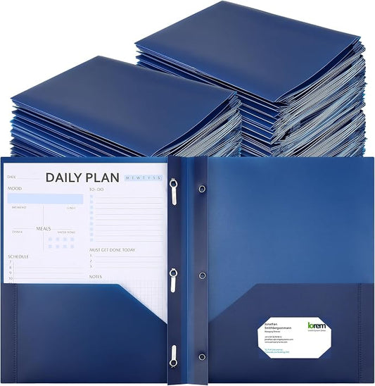 Cholemy 72 Packs Pocket Folders with Prongs Heavy Duty Plastic Folder with Business Card Slot 3 Prong Fasteners for School Office (Navy Blue) by Cholemy