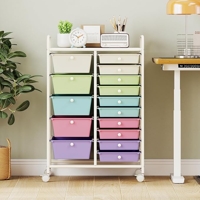 Giantex 15 Drawer Rolling Cart with Drawers, Storage Organizer Cart for Classroom Office School Teacher, Mobile Drawer Cart for Tools, Crafts, Small Printer, Paper, Pastel Ice Cream - Image 2