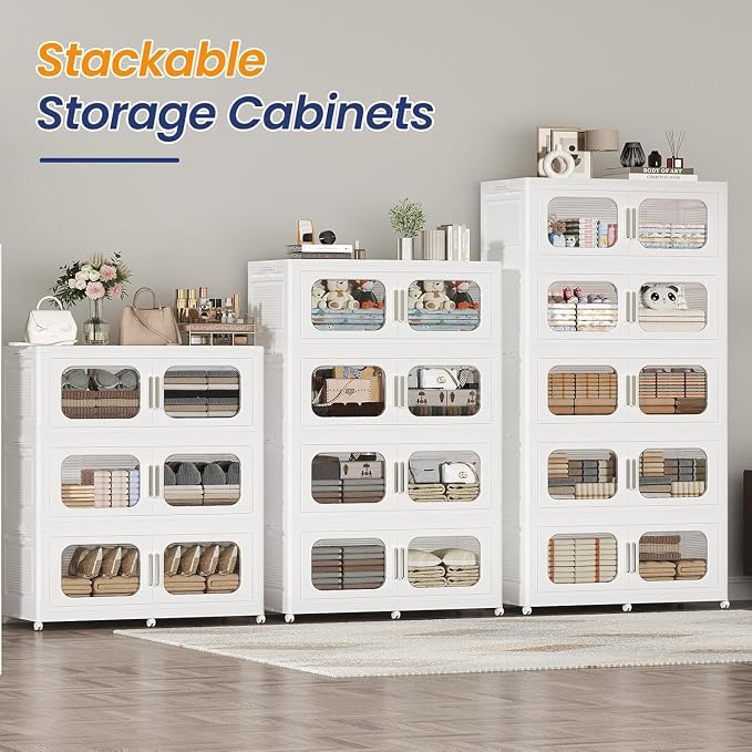 150Gal Exra Large Stackable Storage Bins with Lid, 600QT Collapsible Storage Box with 6x Wheels, Folding Plastic Cabinet Container with Door Drawer for Home Kitchen Office Dorm, 3Pack White - Image 6
