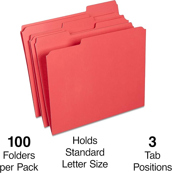 Staples Reinforced File Folders, Letter Size, 1/3‑Cut Tabs, Red, Heavy‑Duty Paper Stock, 200/Carton - Image 2