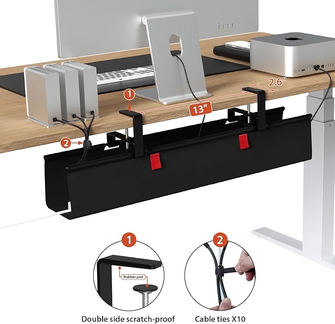 Univivi No Drill Under Desk Cable Management Tray, 28 inch Cable Management | Clamp/Screw Mount Cable Tray under desk, Premium Fabric Cord 0rganizer for Desk, Various Size Cord Organizer for Office, Home - Image 3