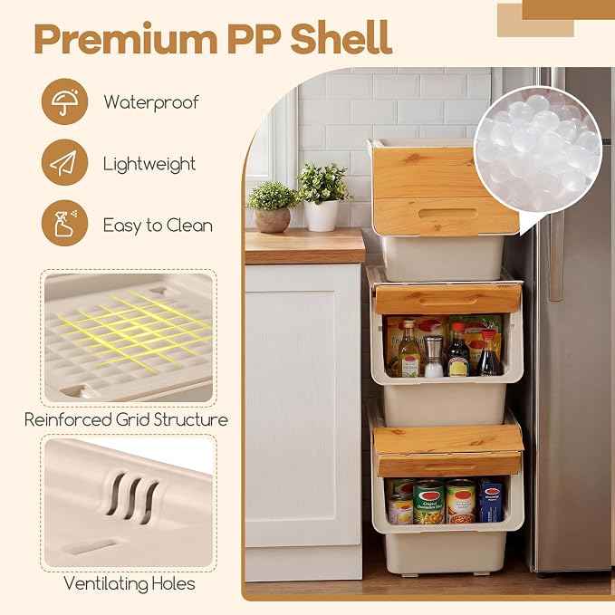 GIANTEX 6 Pack Plastic Stackable Storage Bins with Lids & Wheels, 35 QT | Open Front Stacking Bins, Organizer Bins for Pantry, Kitchen, Laundry, Closet, Playroom, Bedroom Organization - Image 7