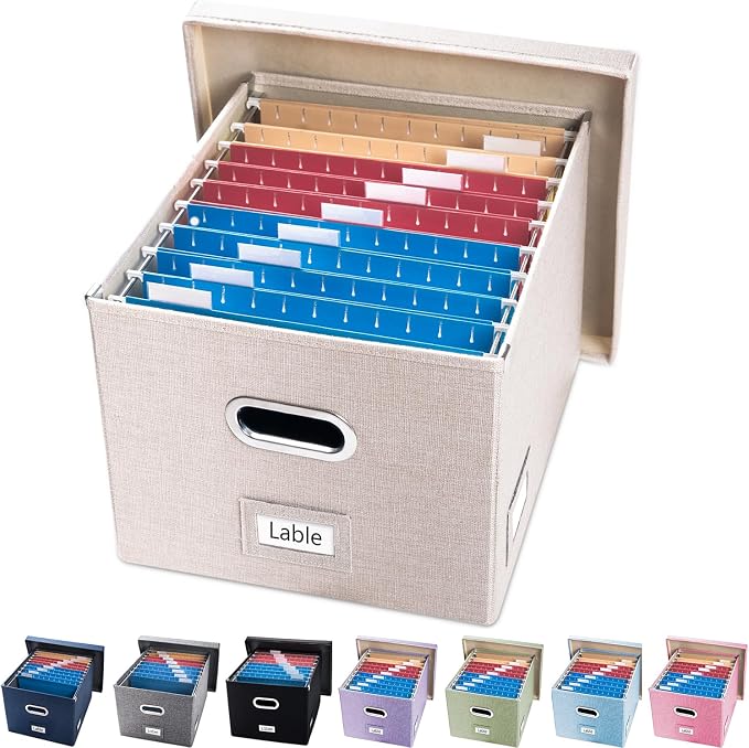 File Organizer Box - Set of 1 Collapsible Decorative Linen Filing Storage Hanging File Folders with Lids Office Cabinet Letter/Legal Size Light Grey (17x14x11.2 inch) by Prandom