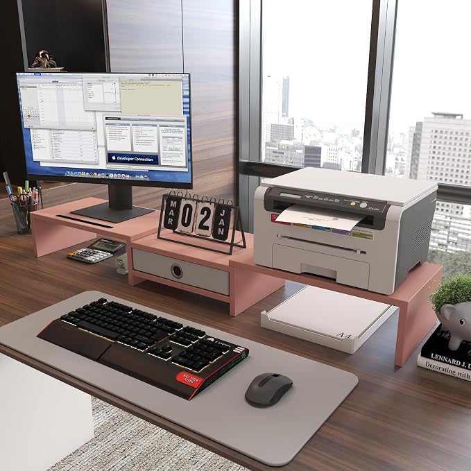 WESTREE Dual 3 Shelf Computer Riser with Drawer, Adjustable Length and Angle, Desktop 2 Monitor Stand Storage Organizer - Image 3