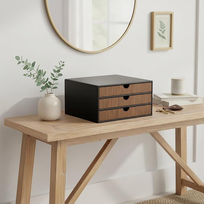 UnionBasic Document Organizer, 3-Drawer File Cabinet Document Storage Box, Office Desktop Filing Organizer, Black with Wood Grain Drawers - Image 7