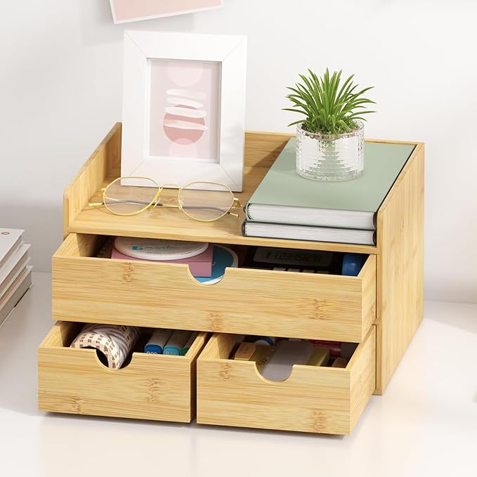 Bamboo Desk Organizer with Drawers, Desktop Storage Box for Office Supplies | 3 Drawers Desktop organizer, No Assembly Required, Natural Wood Wooden Desktop Drawers for Bills, Cosmetics, Seals, Paper - Image 2