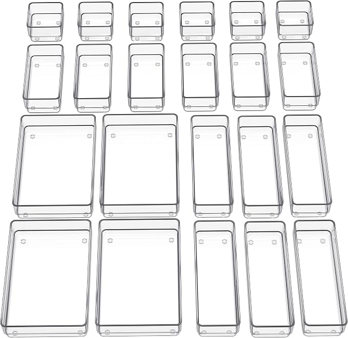 SMARTAKE 22 PCS Drawer Organizer, 4-Size Desk Bathroom Drawer Organizer | 4-Size Storage Tray with Non-Slip Silicone Pads for Makeup, Jewelries, Utensils in Bedroom Dresser, Office and Kitchen, Clear by SMARTAKE