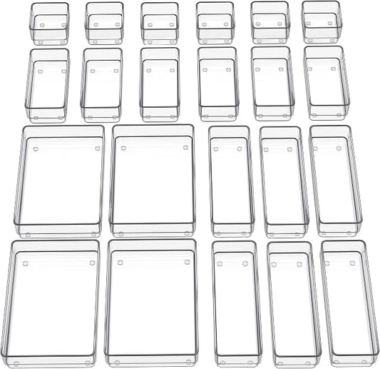 SMARTAKE 22 PCS Drawer Organizer, 4-Size Desk Bathroom Drawer Organizer | 4-Size Storage Tray with Non-Slip Silicone Pads for Makeup, Jewelries, Utensils in Bedroom Dresser, Office and Kitchen, Clear by SMARTAKE
