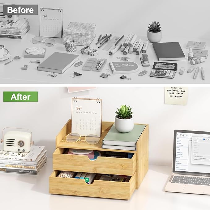 Bamboo Desk Organizer with Drawers, Desktop Storage Box for Office Supplies | 2 Drawers Desktop organizer, No Assembly Required, Natural Wood Wooden Desktop Drawers for Bills, Cosmetics, Seals, Paper - Image 8